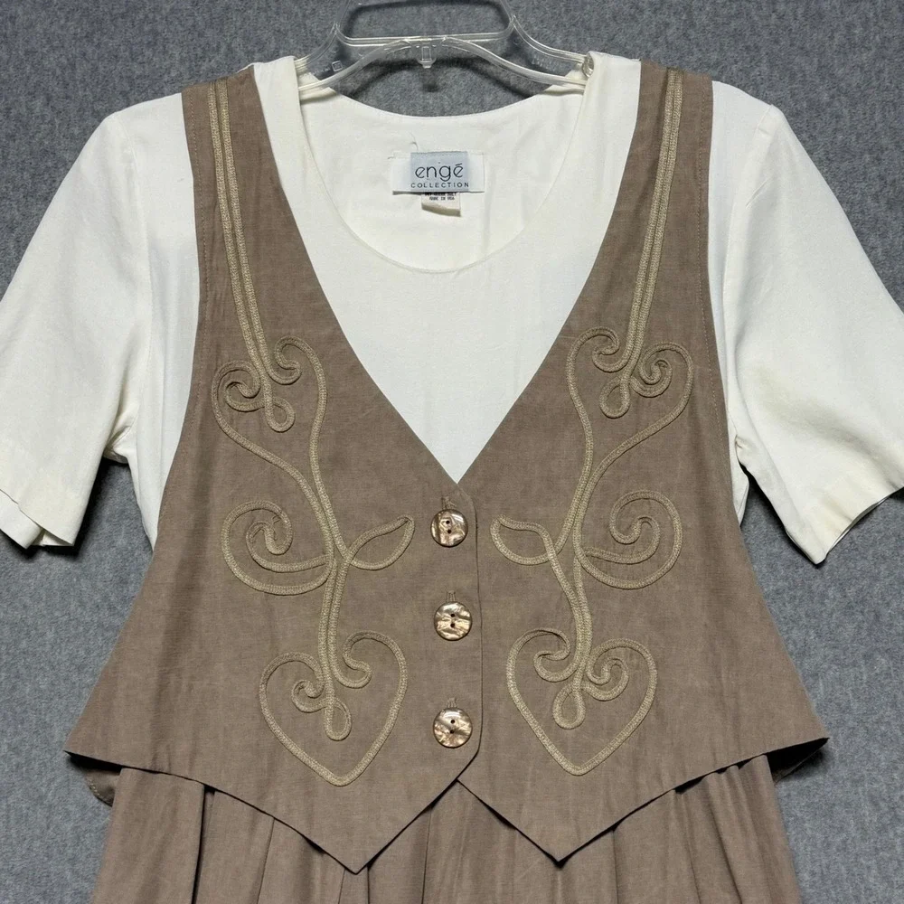 Enge Collection‎ Vintage Tan Vest Layered Midi Dress Size 8 Made in USA Soutache